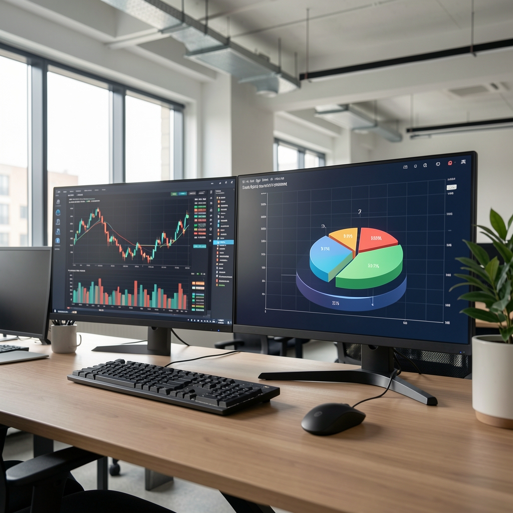 Modern ofis ortamında finansal grafik ve pasta dilim grafiği gösteren büyük monitörler, emeklilik fonu analizi