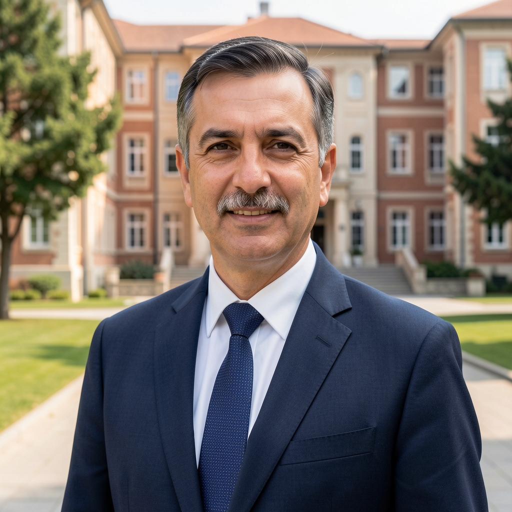 Demografik analiz uzmanı 45 yaşlarında Türk akademisyen, üniversite kampüsü arka planı