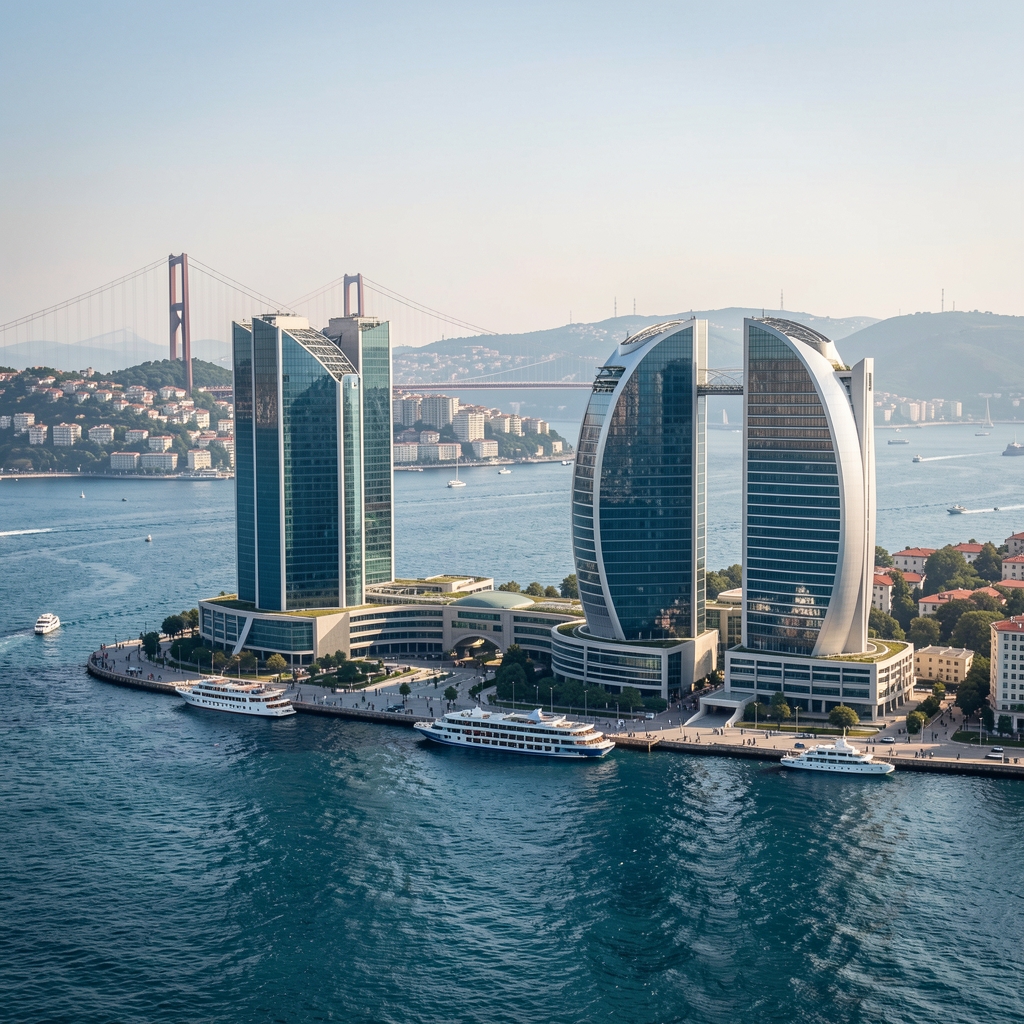 İstanbul Boğazı manzaralı modern finans merkezi binaları, emeklilik ve ekonomik analiz temasını yansıtıyor