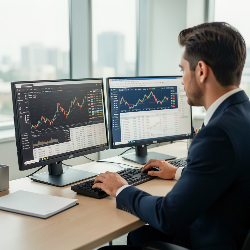 Finansal analist çift monitörlü bilgisayar başında hisse senedi grafikleri ve portföy dağılım tablolarını inceliyor