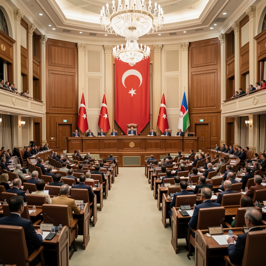 Emeklilik reform tartışmalarını gösteren Türkiye Büyük Millet Meclisi oturum salonu