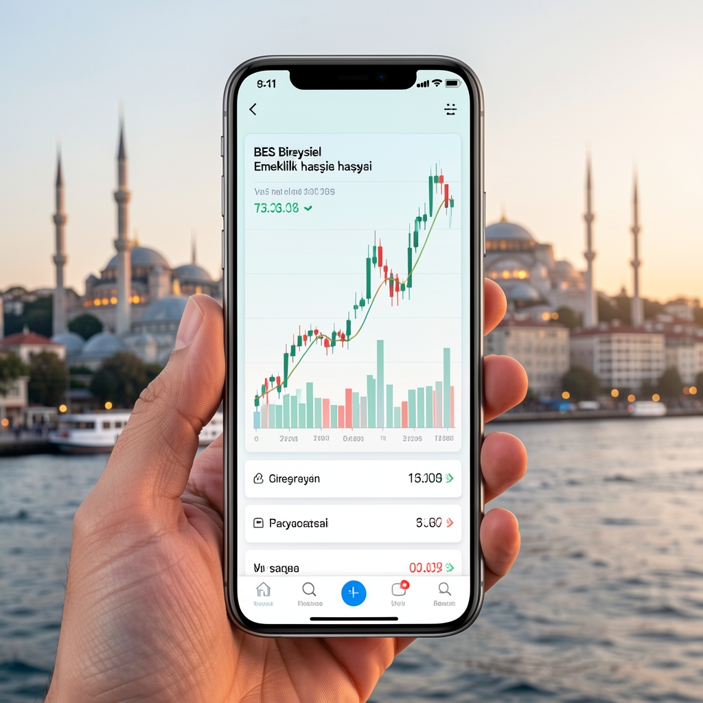 BES bireysel emeklilik hesabı mobil uygulama ekranı gösteren akıllı telefon, arka planda İstanbul silueti ve finansal grafik