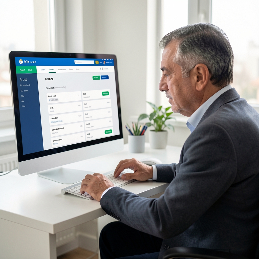 Ekranda SGK e-Devlet portalı açık, beyaz masada oturan orta yaşlı Türk erkeği emeklilik prim bilgilerini inceliyor
