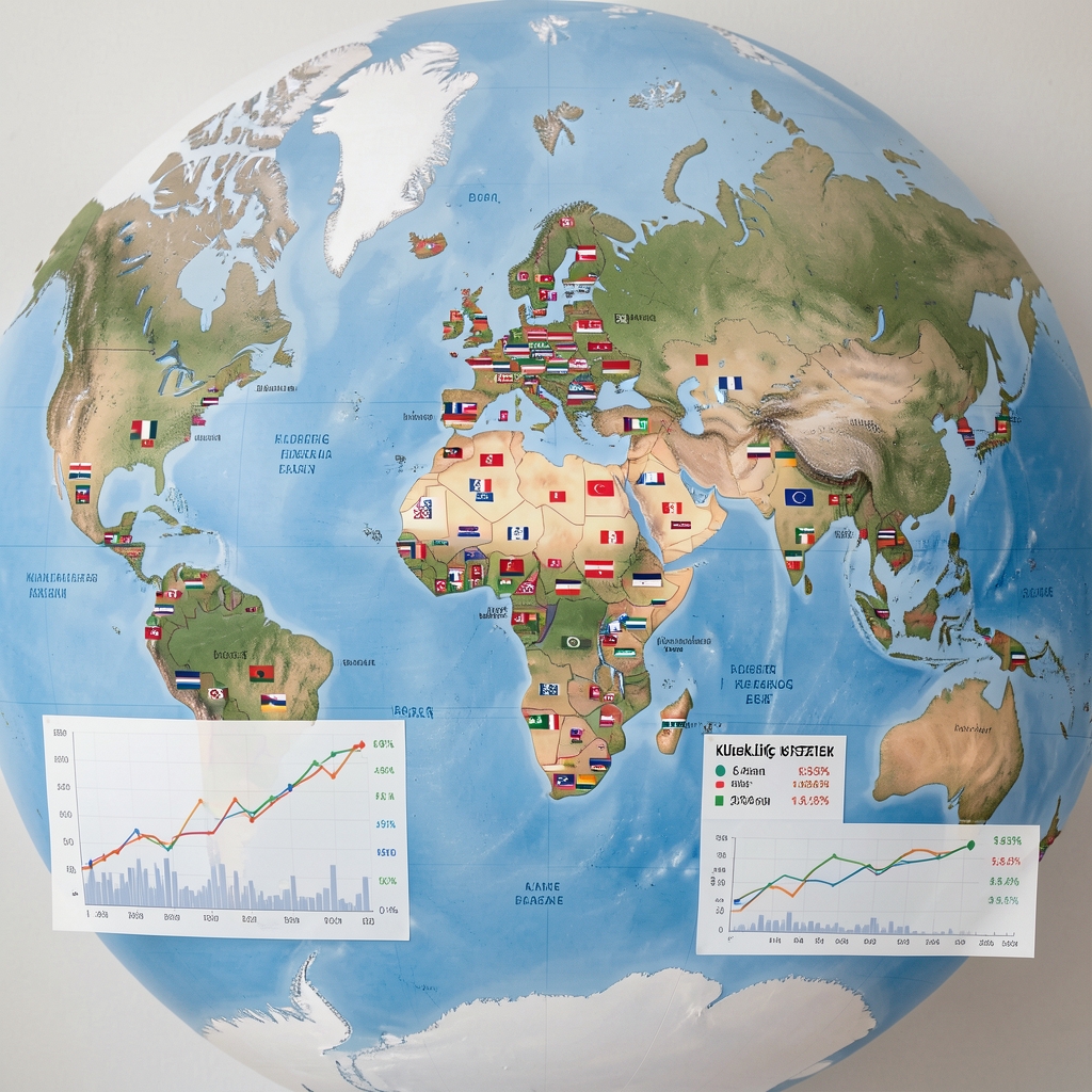 Küresel emeklilik sistemi haritası üzerinde çeşitli ülkelerin bayrakları ve finansal veri grafikleri